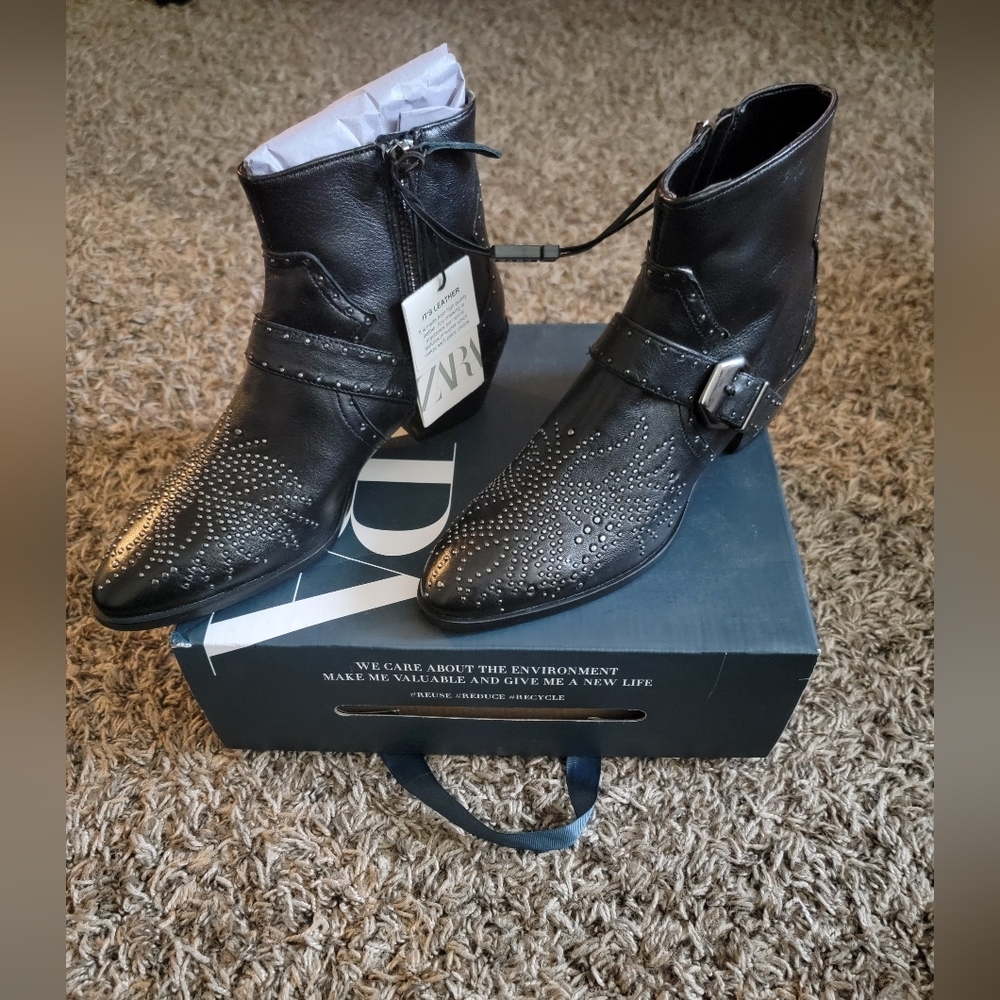 Zara Black Leather Cowboy Ankle Boots - Picture 2 of 7